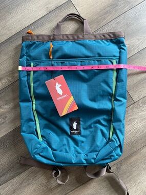 cotopaxi Teal Backpack with Lime Trim and Brown Accents